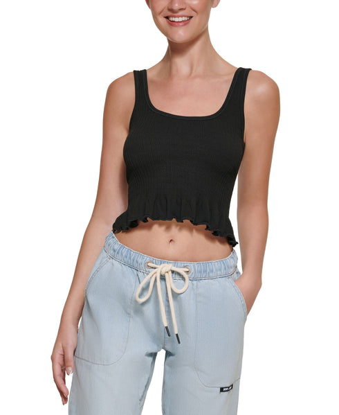 DKNY Jeans Womens Cropped Ruffled Hem Tank Top